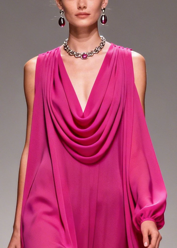 Women Purple Turtle Neck Floral Chiffon Vacation Dresses Summer - Image 2
