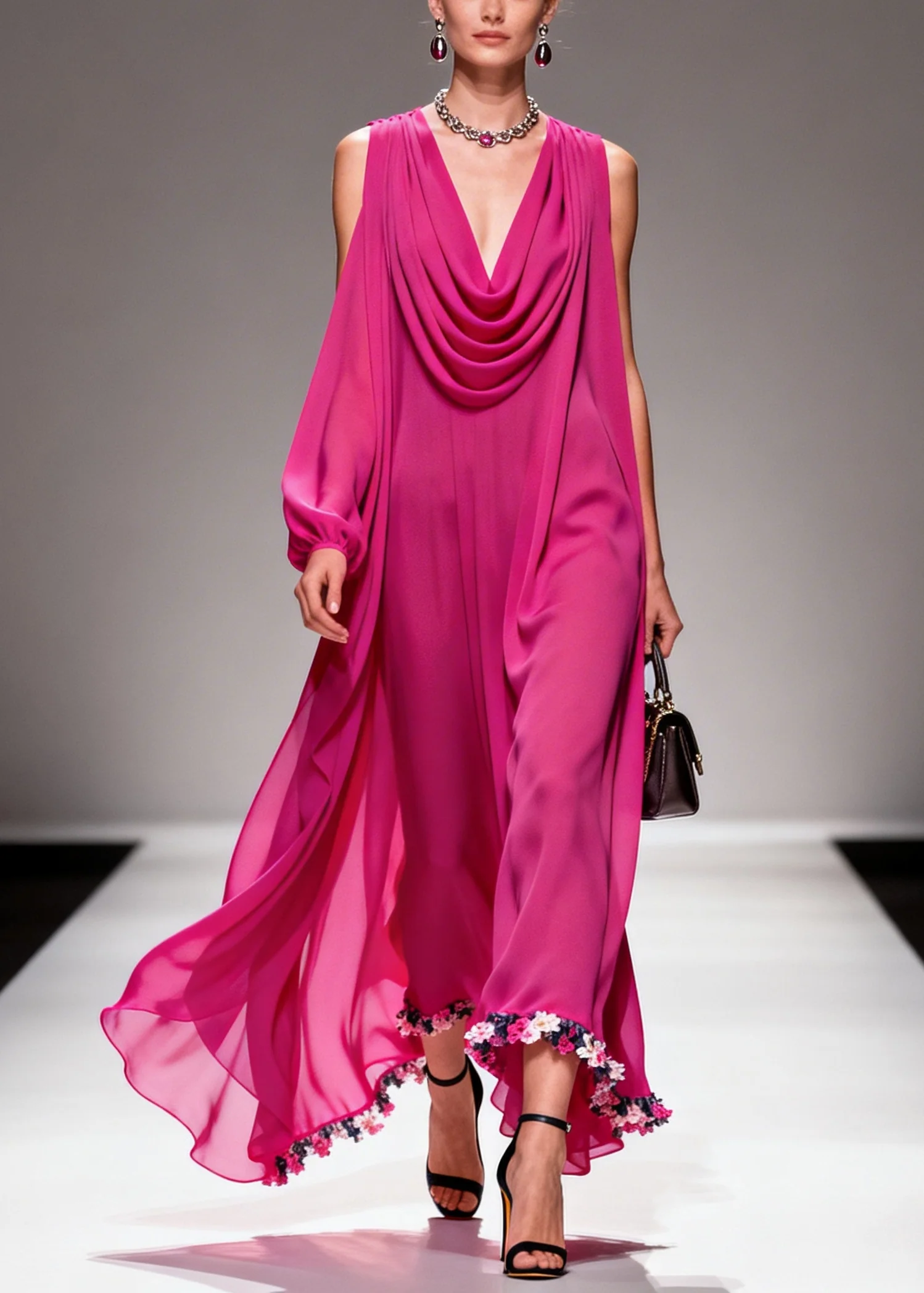 Women Purple Turtle Neck Floral Chiffon Vacation Dresses Summer - Image 3