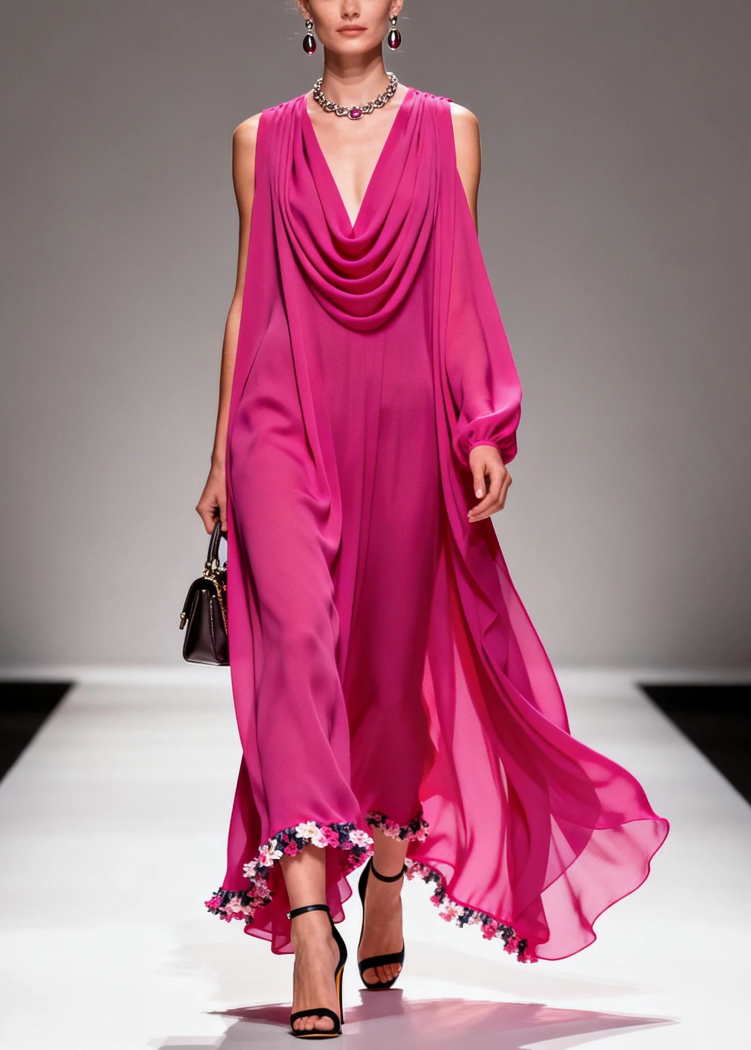 Women Purple Turtle Neck Floral Chiffon Vacation Dresses Summer - Image 5