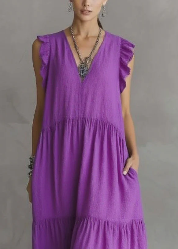 Women Purple V Neck Patchwork Party Solid Maxi Dress Butterfl Sleeve - Image 2