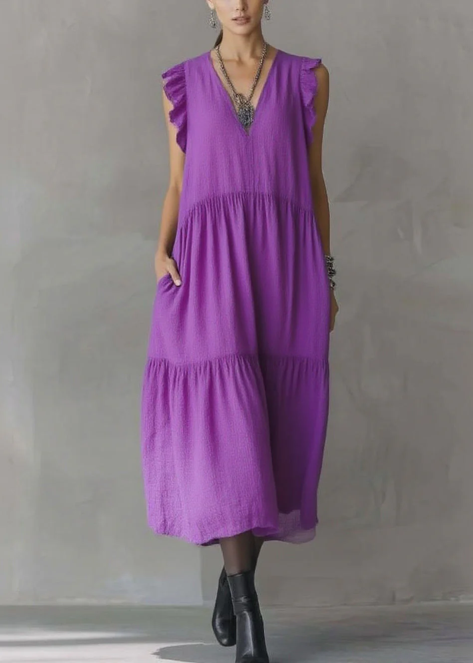 Women Purple V Neck Patchwork Party Solid Maxi Dress Butterfl Sleeve - Image 3