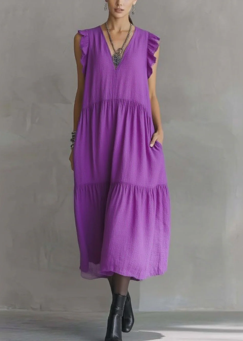 Women Purple V Neck Patchwork Party Solid Maxi Dress Butterfl Sleeve - Image 5