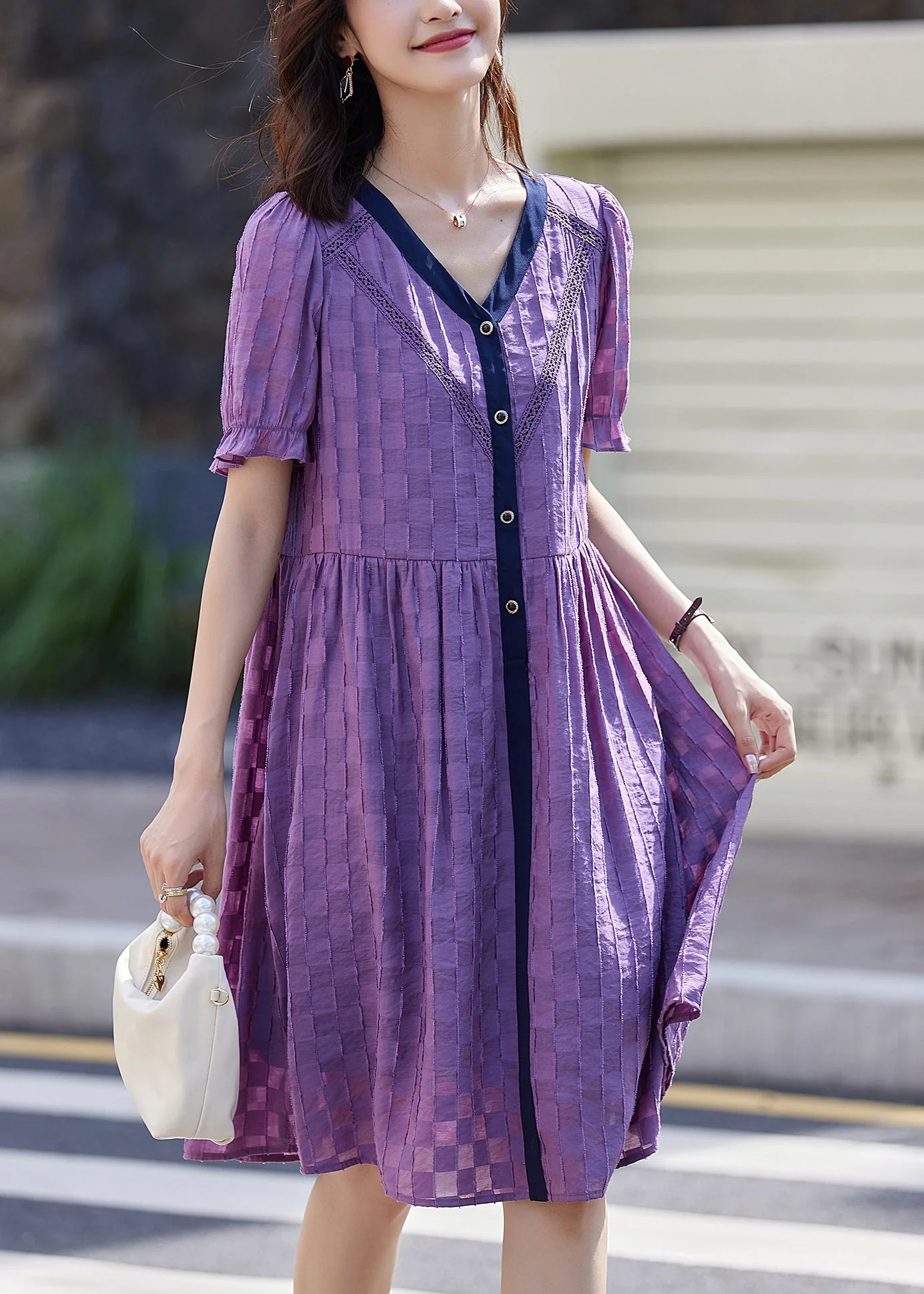 Women Purple V Neck Plaid Patchwork Cotton Dresses Summer - Image 3