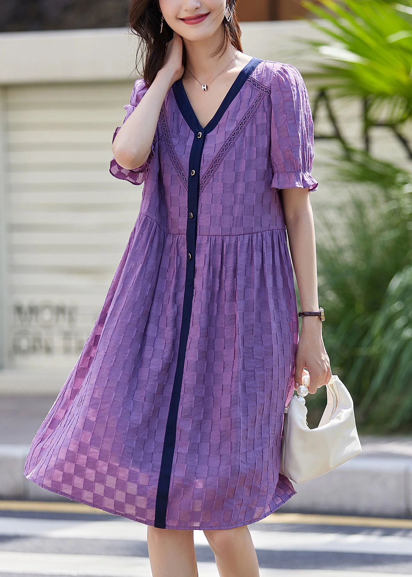 Women Purple V Neck Plaid Patchwork Cotton Dresses Summer - Image 4