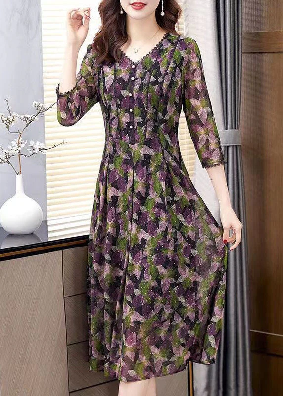 Women Purple V Neck Print Patchwork Tulle Dress Bracelet Sleeve - Image 2