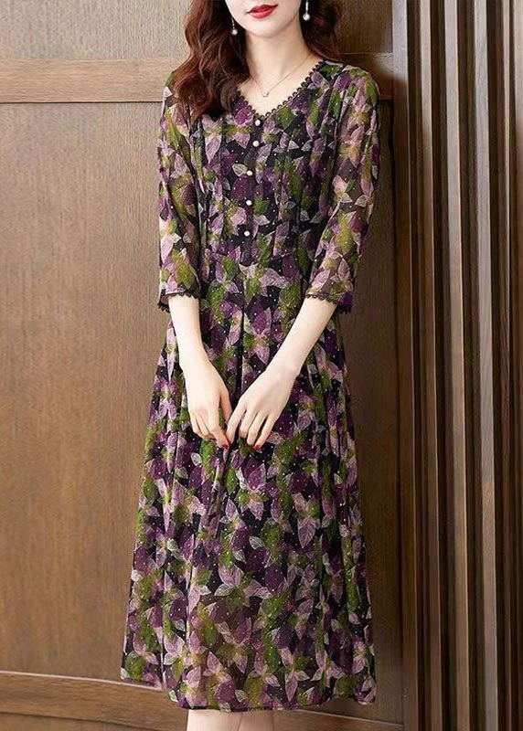 Women Purple V Neck Print Patchwork Tulle Dress Bracelet Sleeve - Image 3