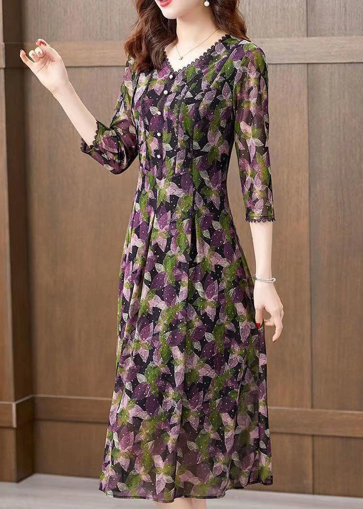 Women Purple V Neck Print Patchwork Tulle Dress Bracelet Sleeve - Image 4