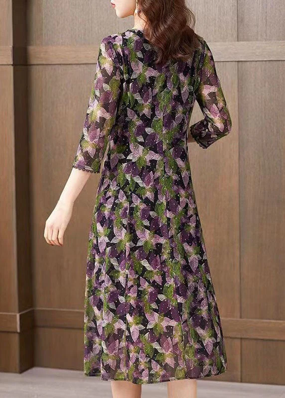 Women Purple V Neck Print Patchwork Tulle Dress Bracelet Sleeve - Image 5