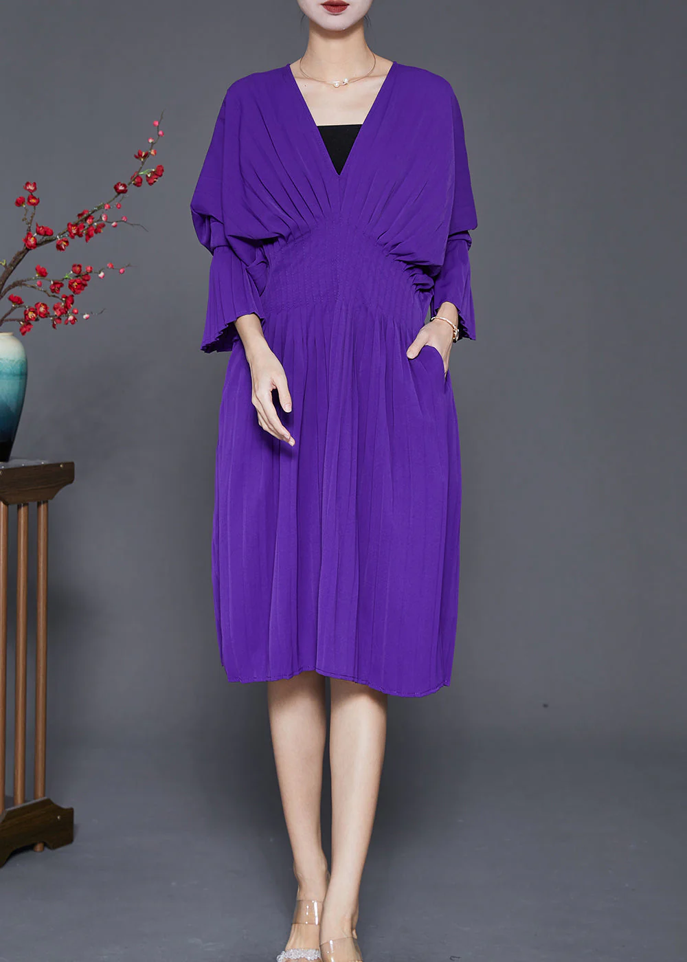 Women Purple V Neck Silm Fit Cotton Pleated Dress Fall - Image 2