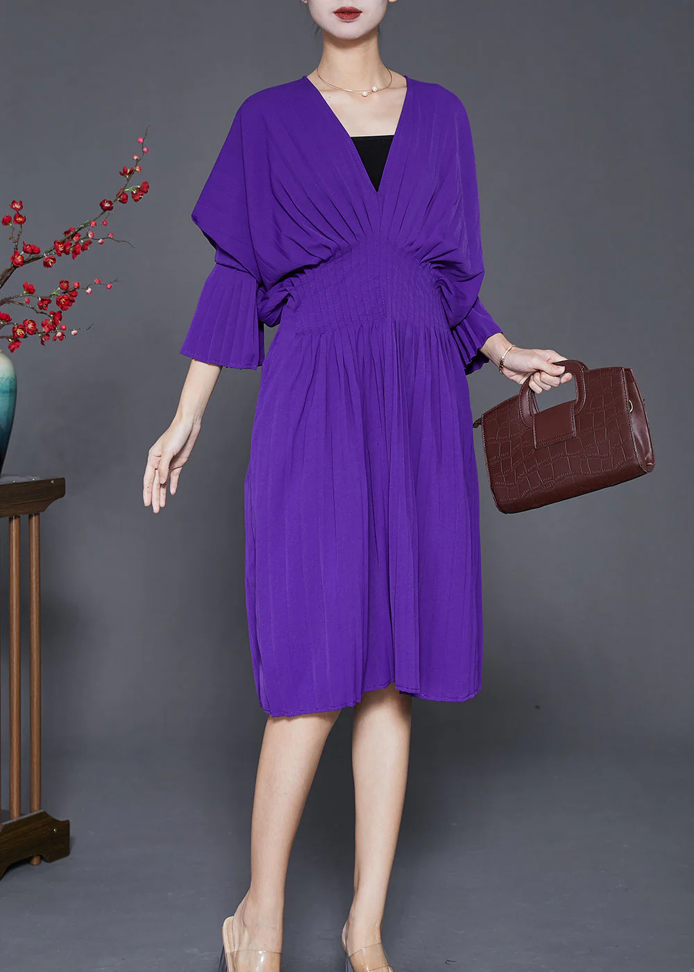 Women Purple V Neck Silm Fit Cotton Pleated Dress Fall - Image 3