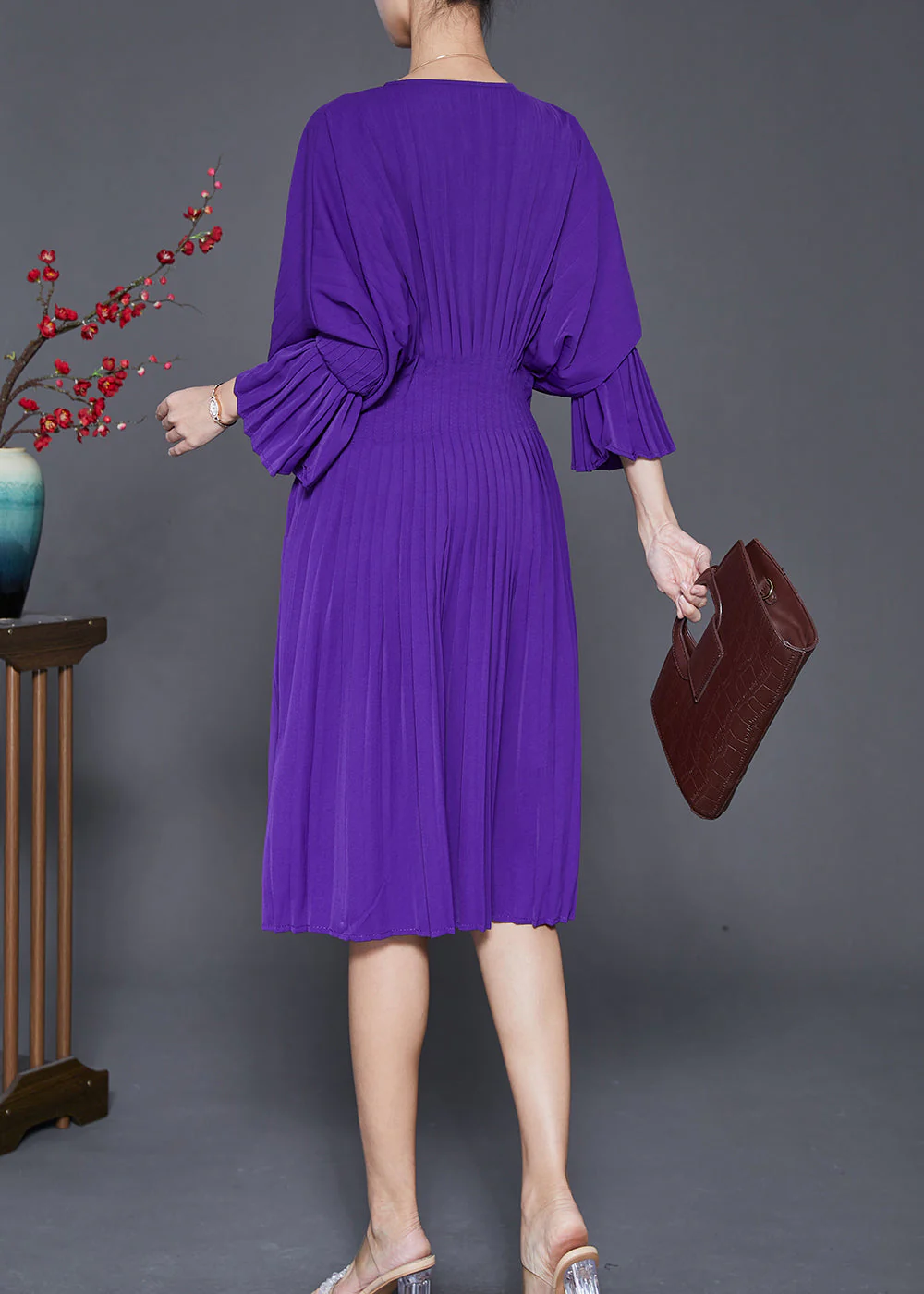 Women Purple V Neck Silm Fit Cotton Pleated Dress Fall - Image 4