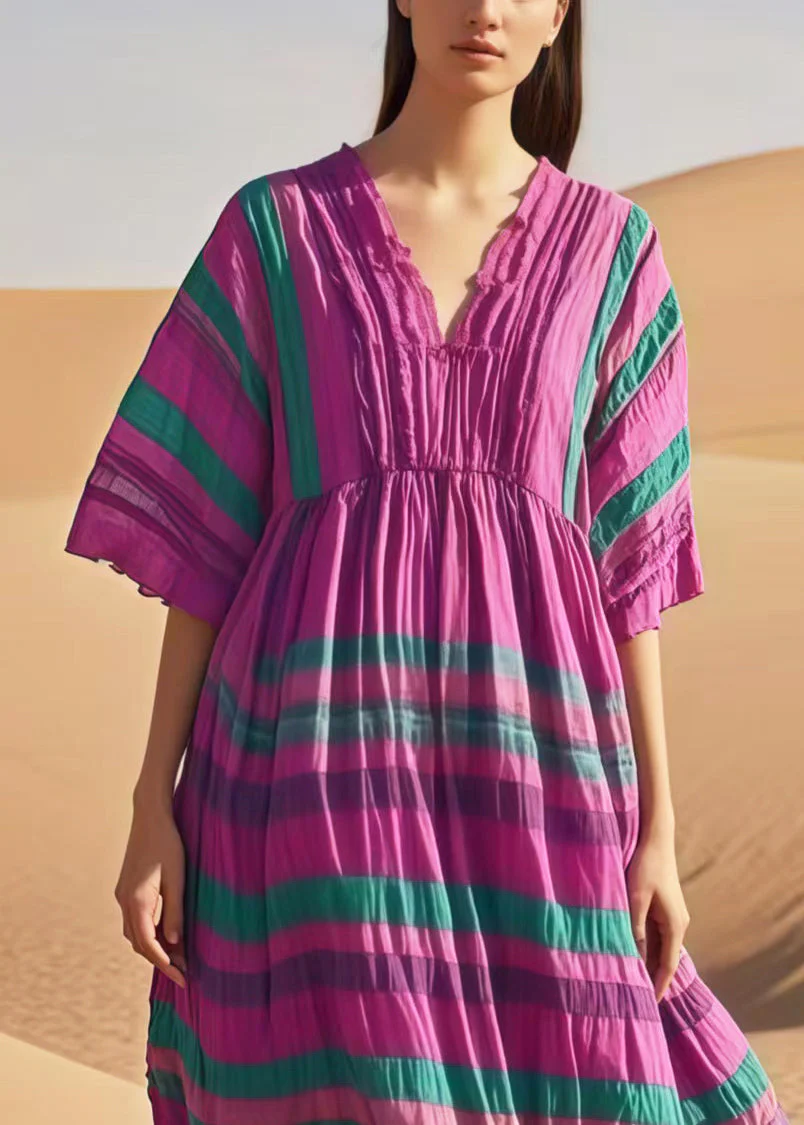 Women Purple V Neck Striped Cotton Day Dresses Summer - Image 2