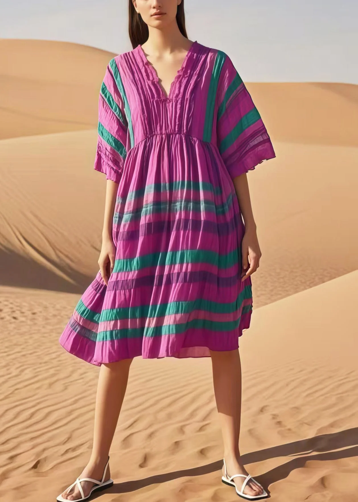 Women Purple V Neck Striped Cotton Day Dresses Summer - Image 3
