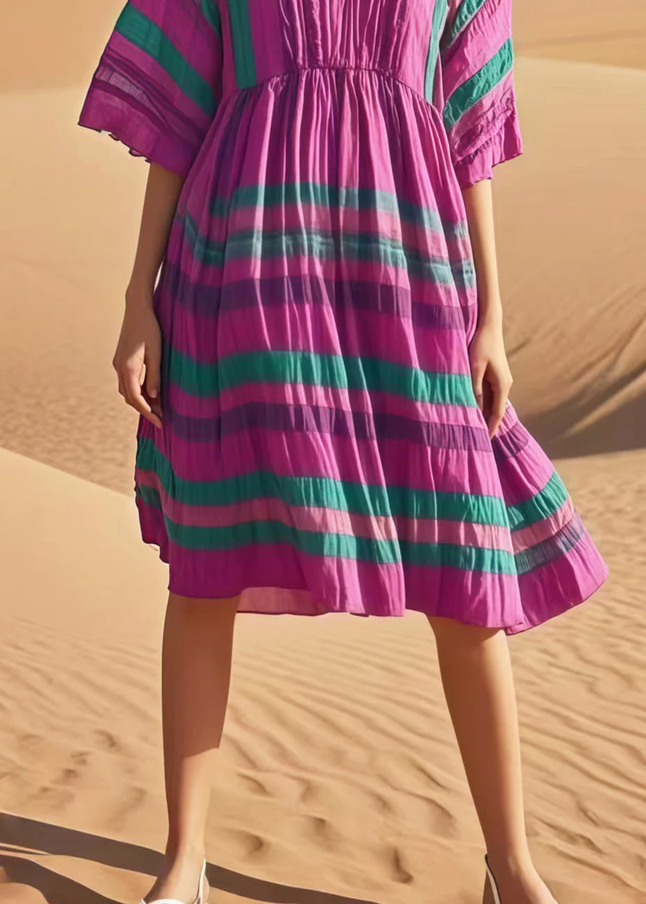 Women Purple V Neck Striped Cotton Day Dresses Summer - Image 4