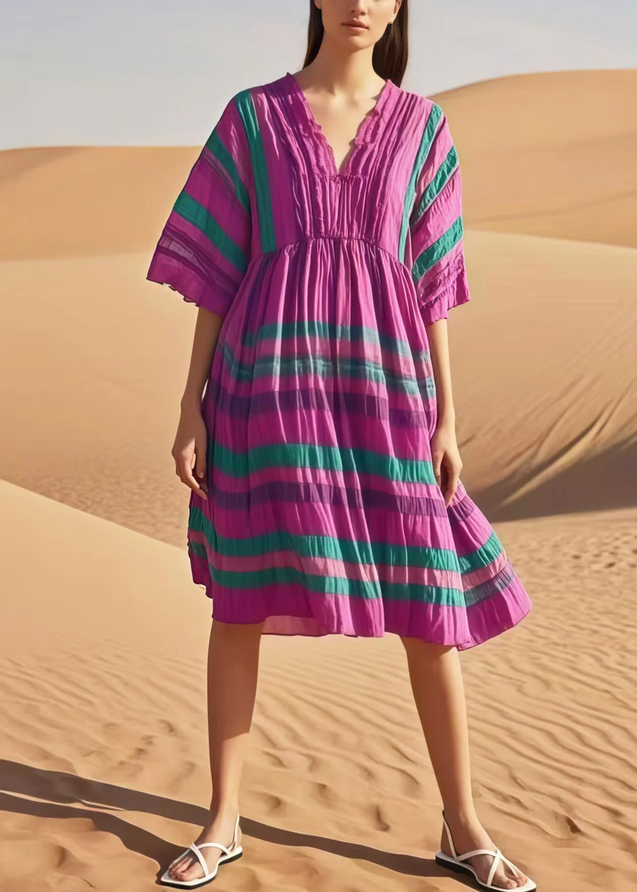 Women Purple V Neck Striped Cotton Day Dresses Summer - Image 5
