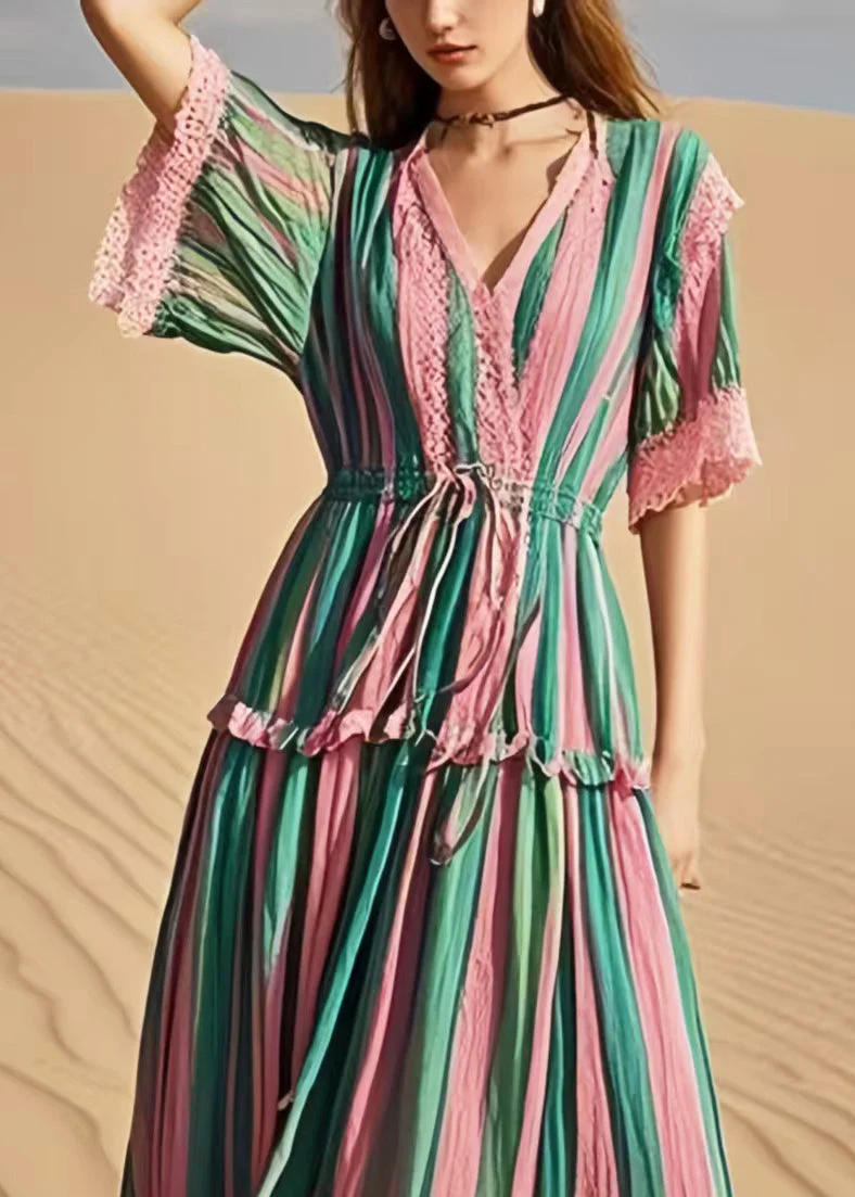 Women Rainbow Cinched Striped Cotton Holiday Dress Summer - Image 2