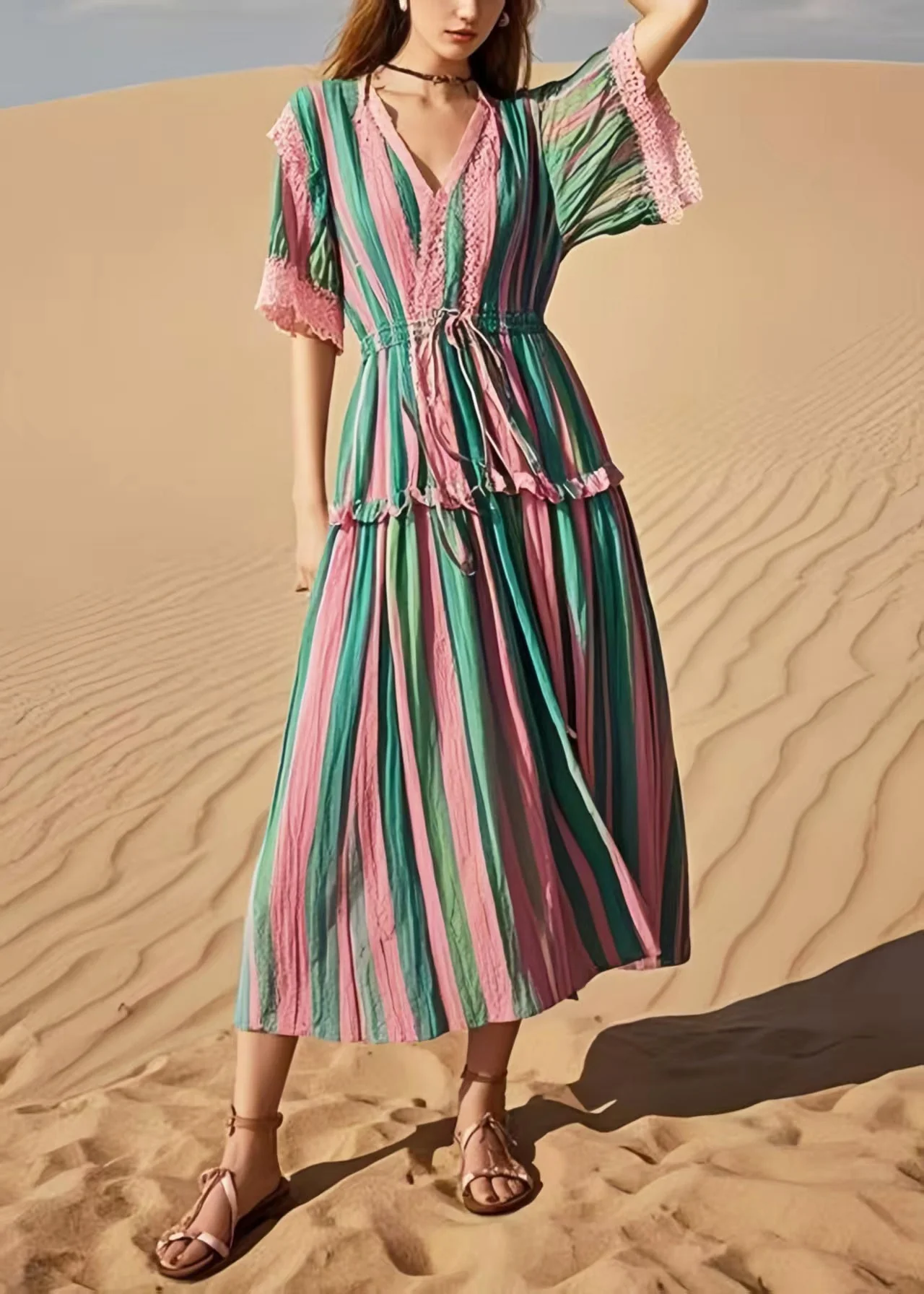 Women Rainbow Cinched Striped Cotton Holiday Dress Summer - Image 3