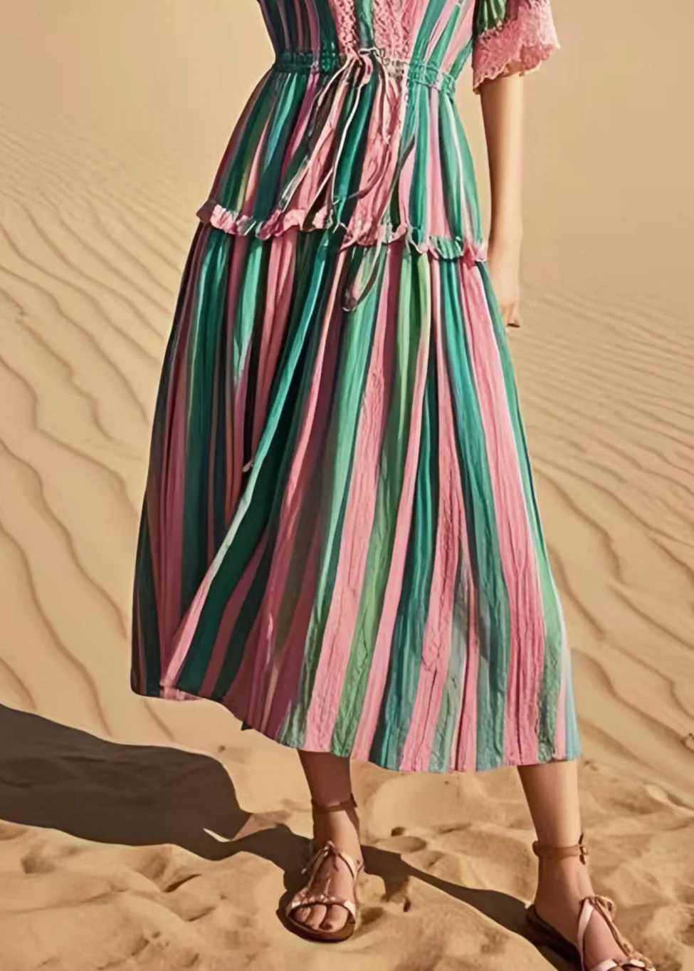 Women Rainbow Cinched Striped Cotton Holiday Dress Summer - Image 4