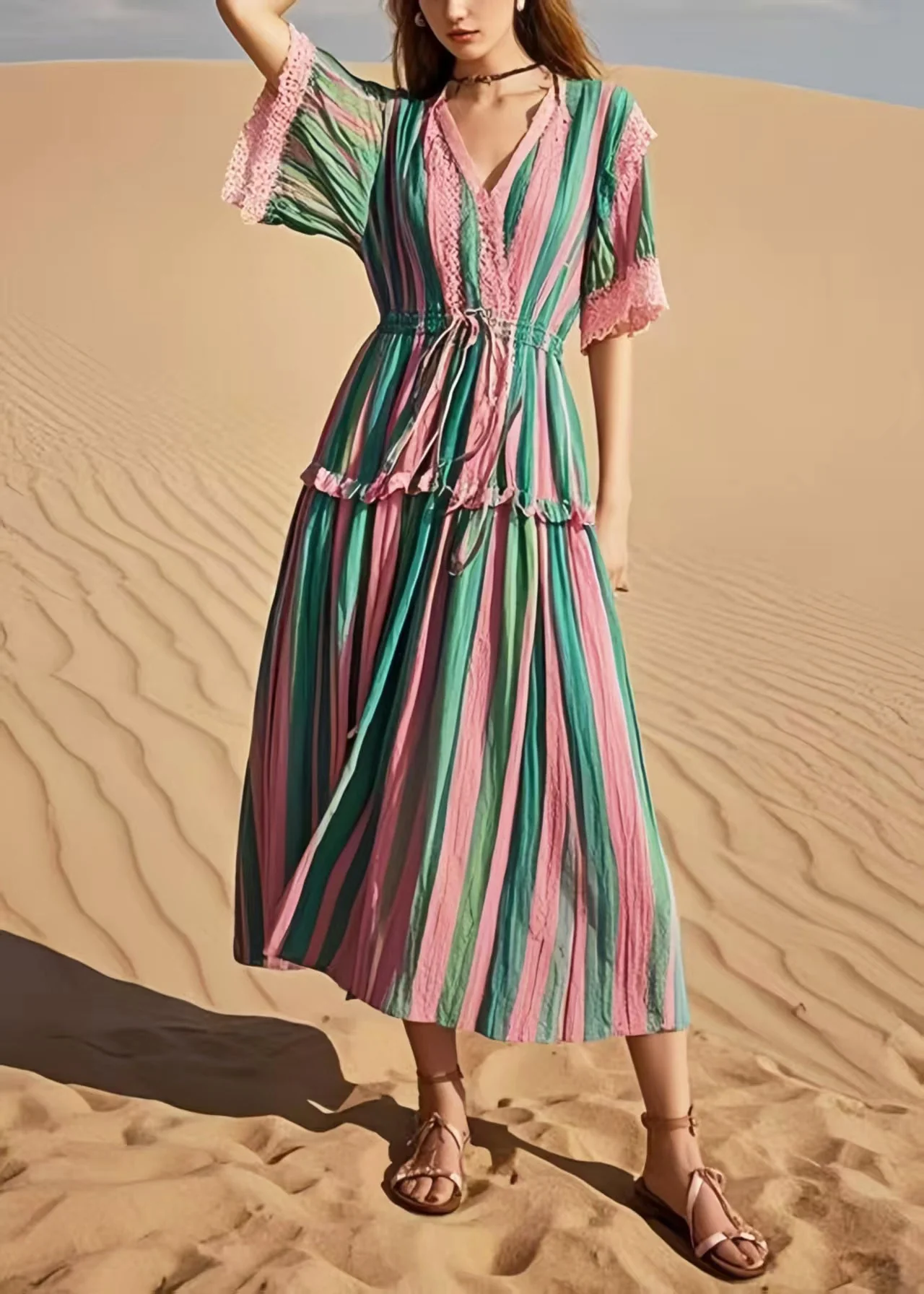 Women Rainbow Cinched Striped Cotton Holiday Dress Summer - Image 5