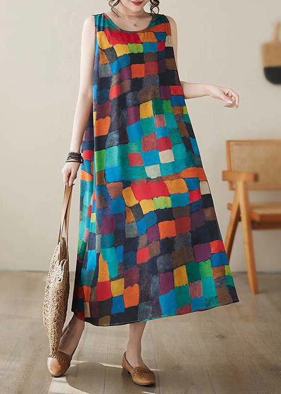 Women Rainbow Plaid O-Neck Maxi Dress Summer - Image 3