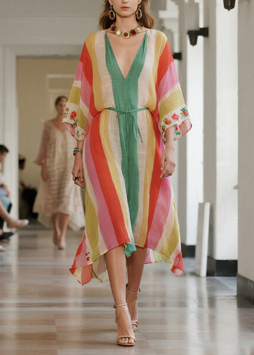 Women Rainbow Striped Tie Waist Cotton Tunic Dresses Summer