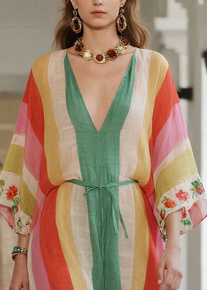 Women Rainbow Striped Tie Waist Cotton Tunic Dresses Summer - Image 2