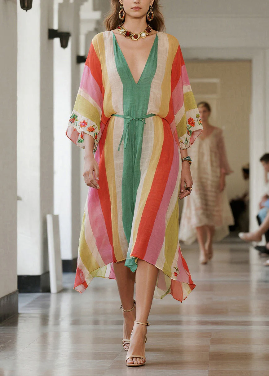 Women Rainbow Striped Tie Waist Cotton Tunic Dresses Summer - Image 3
