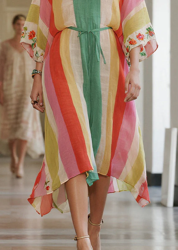 Women Rainbow Striped Tie Waist Cotton Tunic Dresses Summer - Image 4