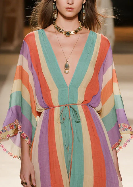 Women Rainbow V Neck Striped Chiffon Holiday Dress Summer - Image 2