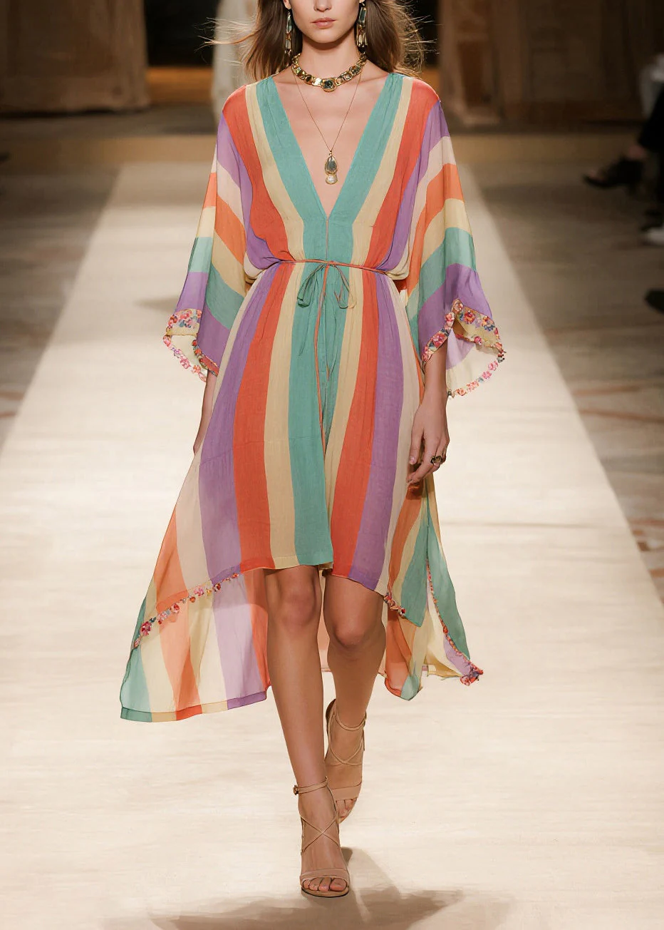 Women Rainbow V Neck Striped Chiffon Holiday Dress Summer - Image 3