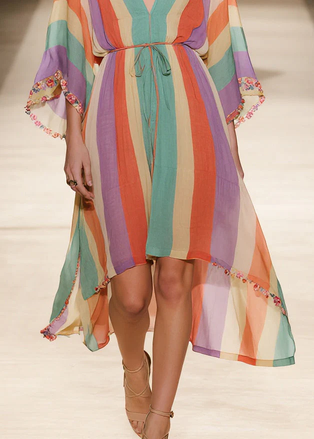 Women Rainbow V Neck Striped Chiffon Holiday Dress Summer - Image 4
