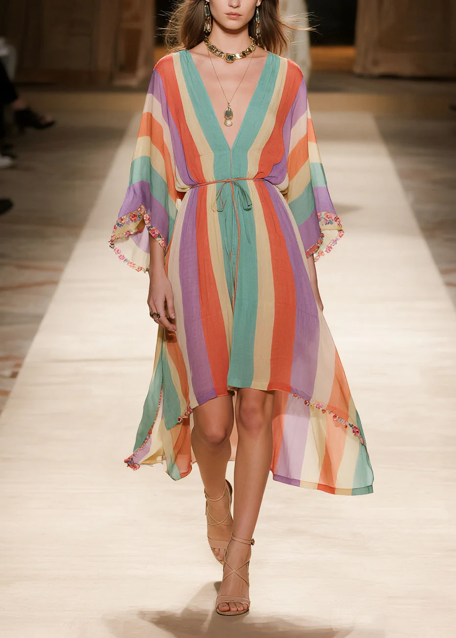 Women Rainbow V Neck Striped Chiffon Holiday Dress Summer - Image 5