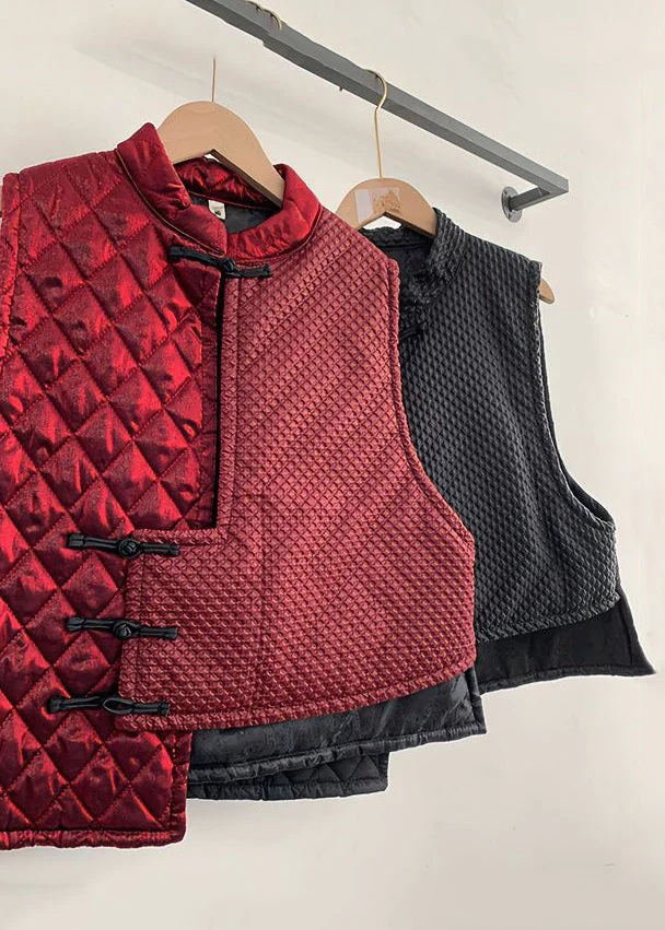 Women Red Asymmetrical Chinese Button Cotton Blended Waistcoat Sleeveless - Image 4