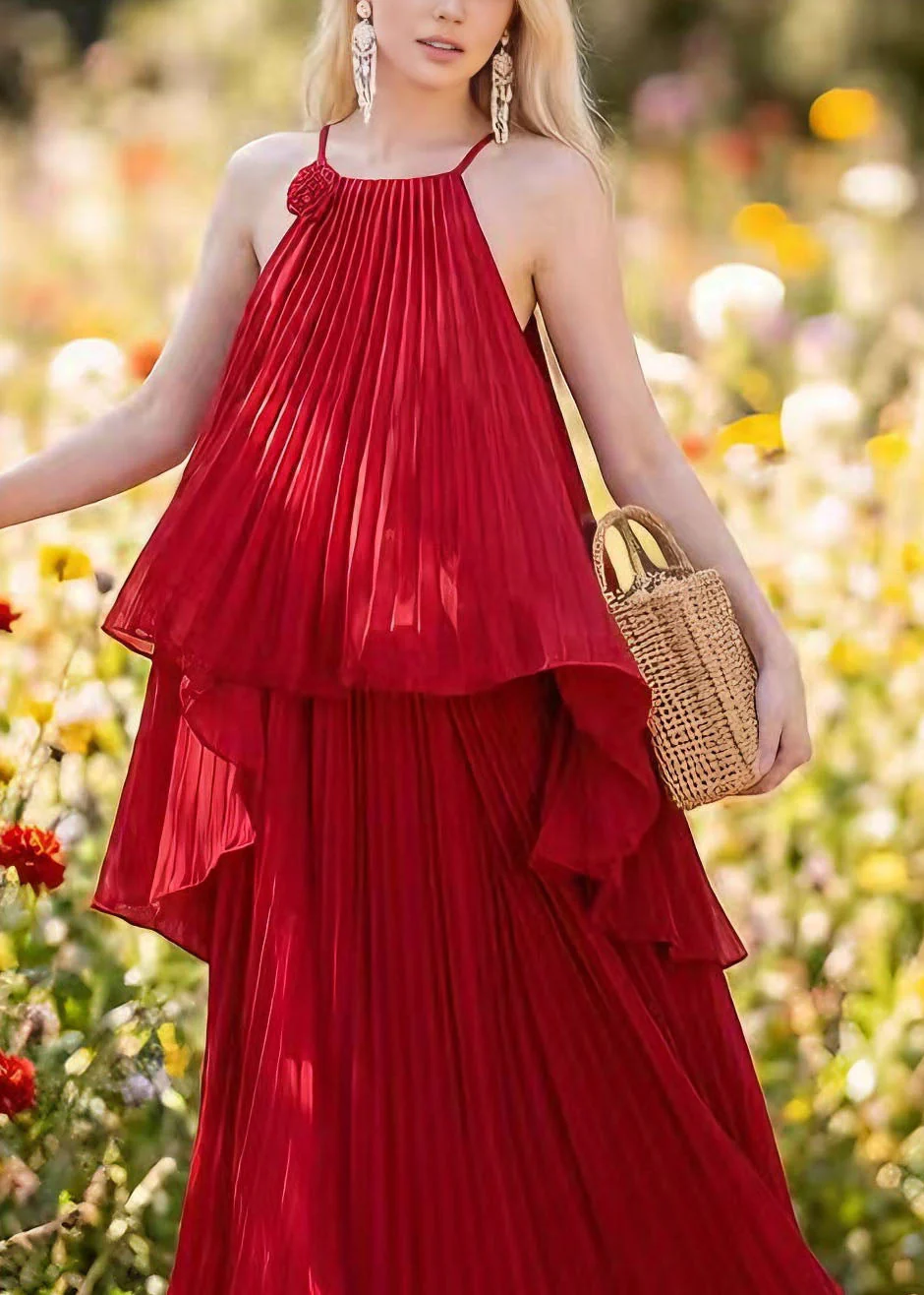 Women Red Asymmetrical Floral Pleated Chiffon Two Pieces Set Summer - Image 3