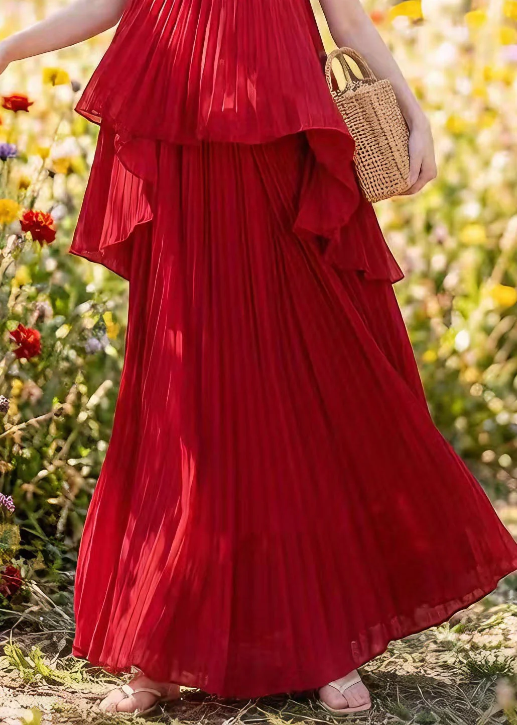 Women Red Asymmetrical Floral Pleated Chiffon Two Pieces Set Summer - Image 4