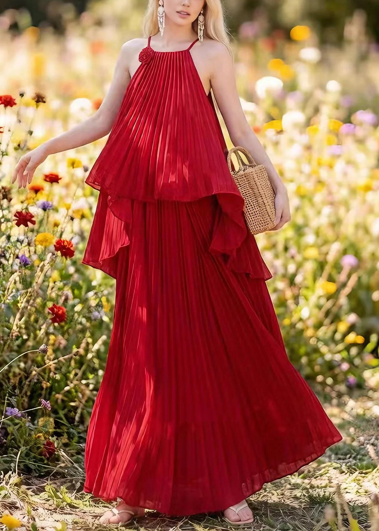 Women Red Asymmetrical Floral Pleated Chiffon Two Pieces Set Summer - Image 5