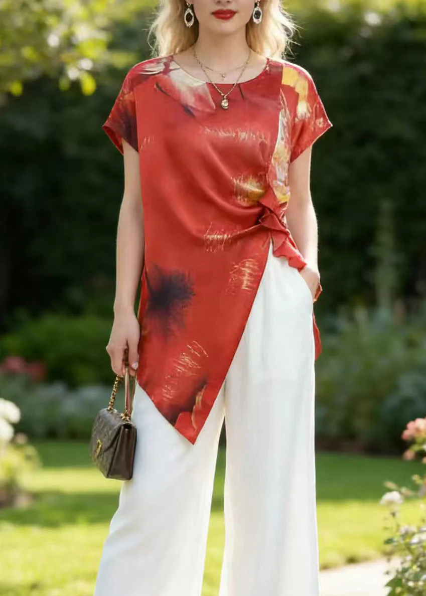 Women Red Asymmetrical Print Silk Two Pieces Set Summer - Image 2