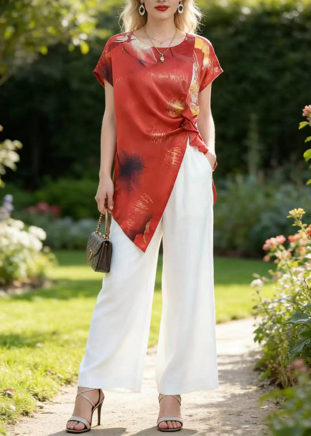 Women Red Asymmetrical Print Silk Two Pieces Set Summer - Image 5