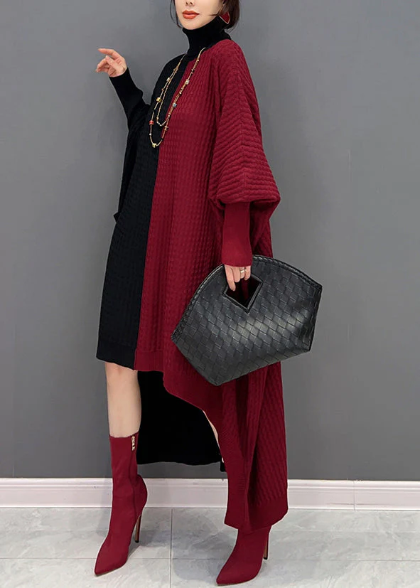 Women Red Black Hign Neck Asymmetrical Patchwork Knit Dresses Batwing Sleeve - Image 3