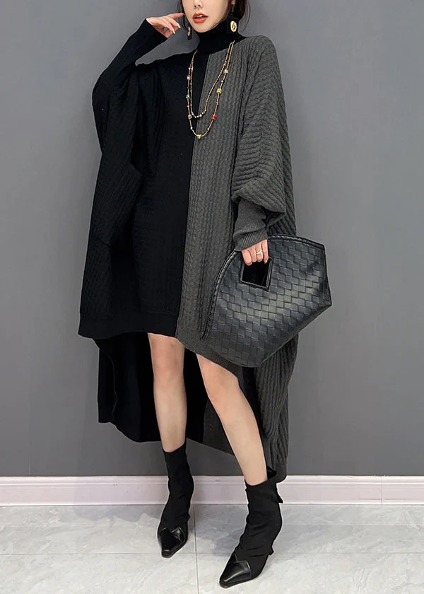 Women Red Black Hign Neck Asymmetrical Patchwork Knit Dresses Batwing Sleeve - Image 4