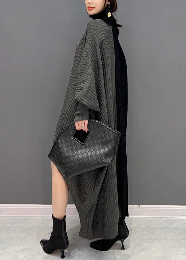 Women Red Black Hign Neck Asymmetrical Patchwork Knit Dresses Batwing Sleeve - Image 5