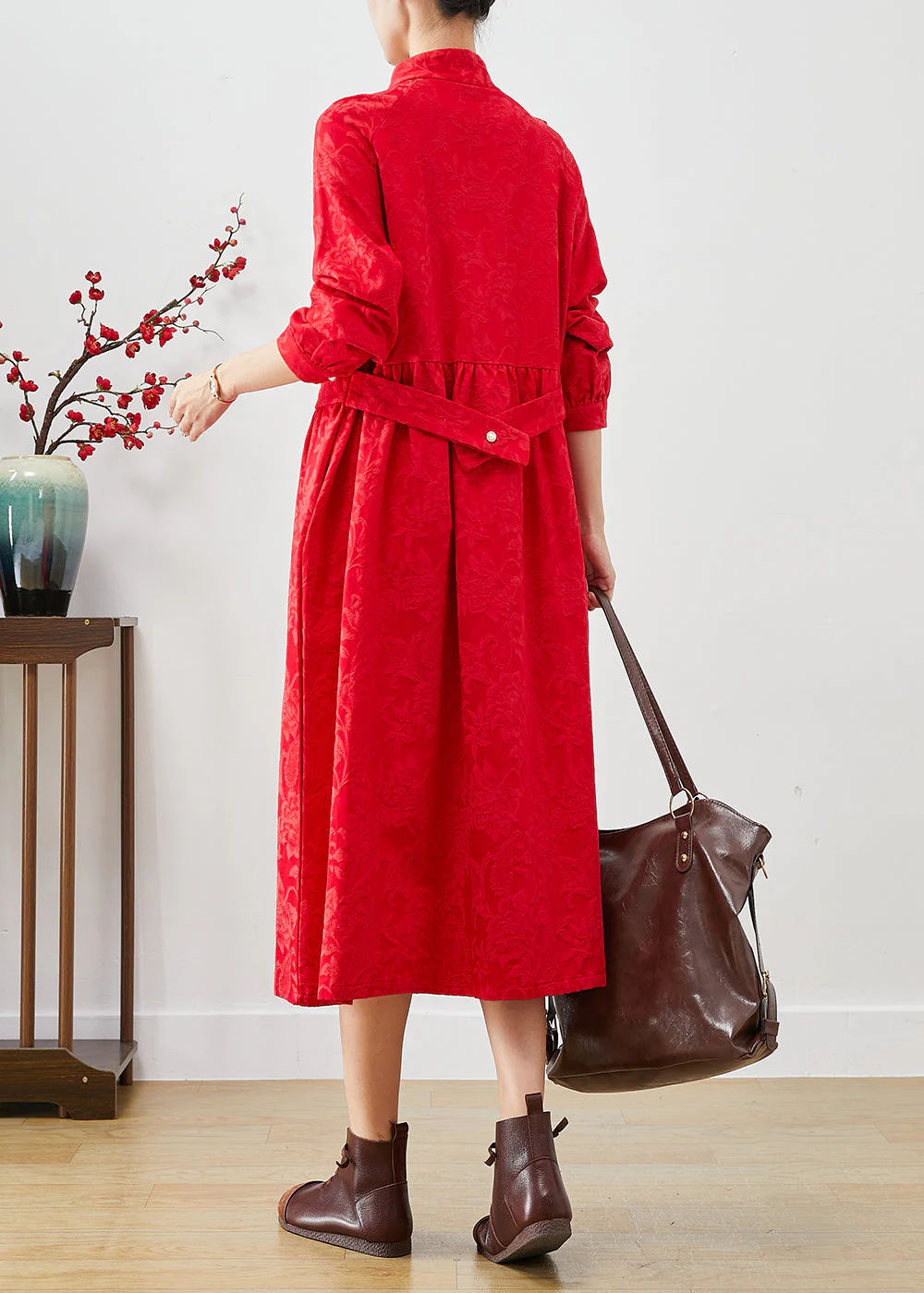 Women Red Chinese Button Jacquard Dresses Fall - Image 2