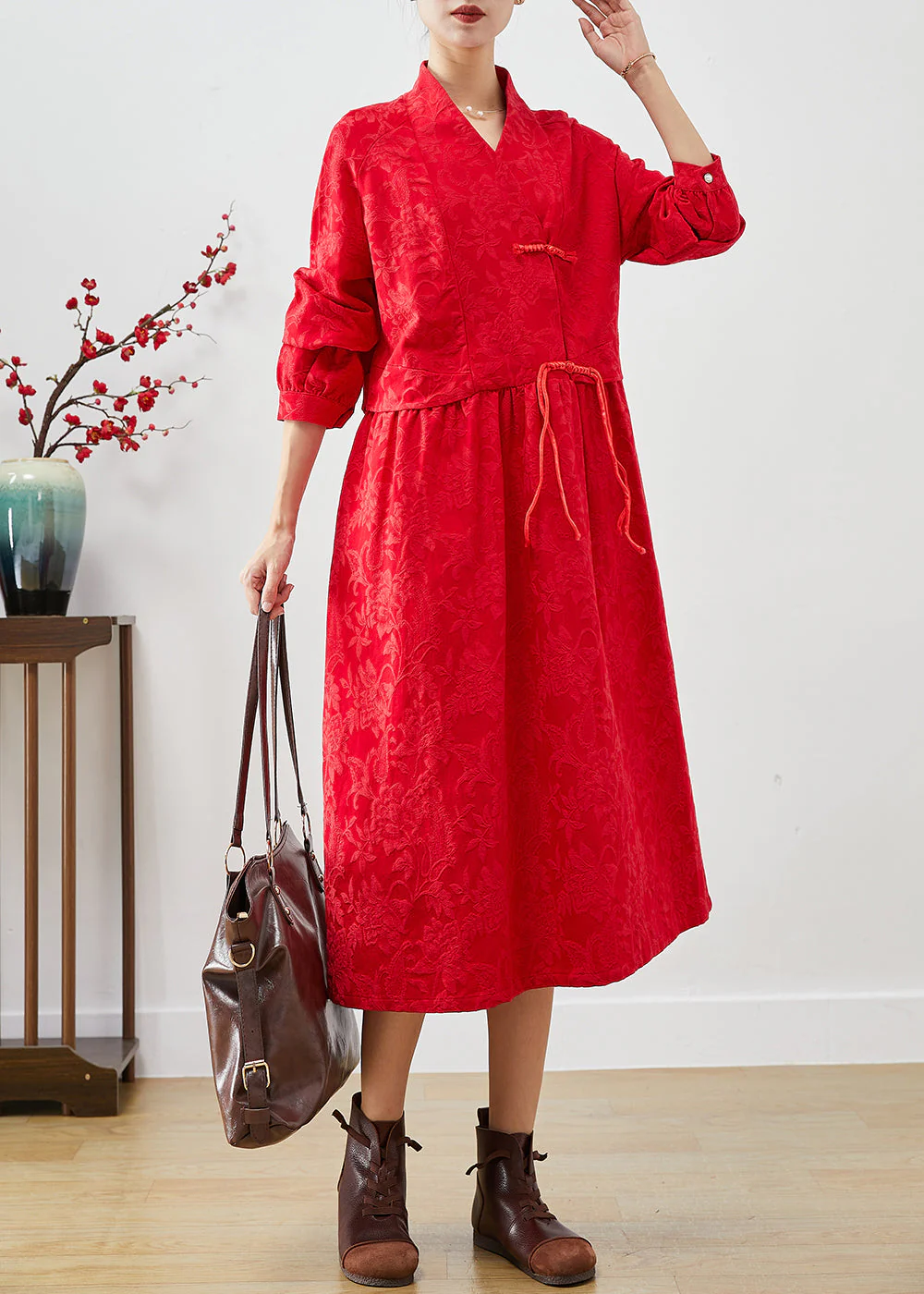 Women Red Chinese Button Jacquard Dresses Fall - Image 3