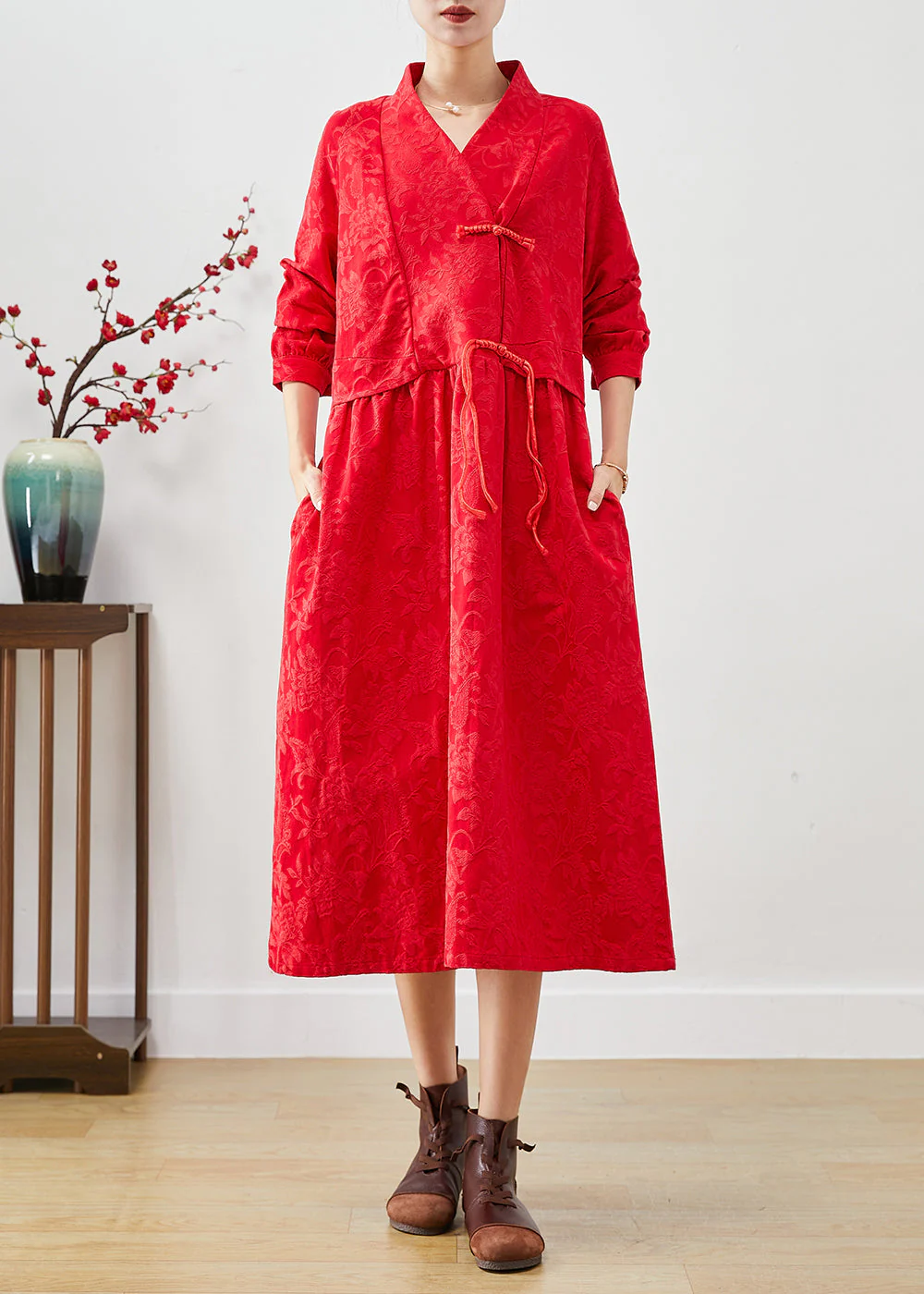 Women Red Chinese Button Jacquard Dresses Fall - Image 4