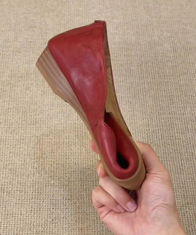 Women Red Cowhide Leather Comfy Soft Flat Feet Shoes - Image 5