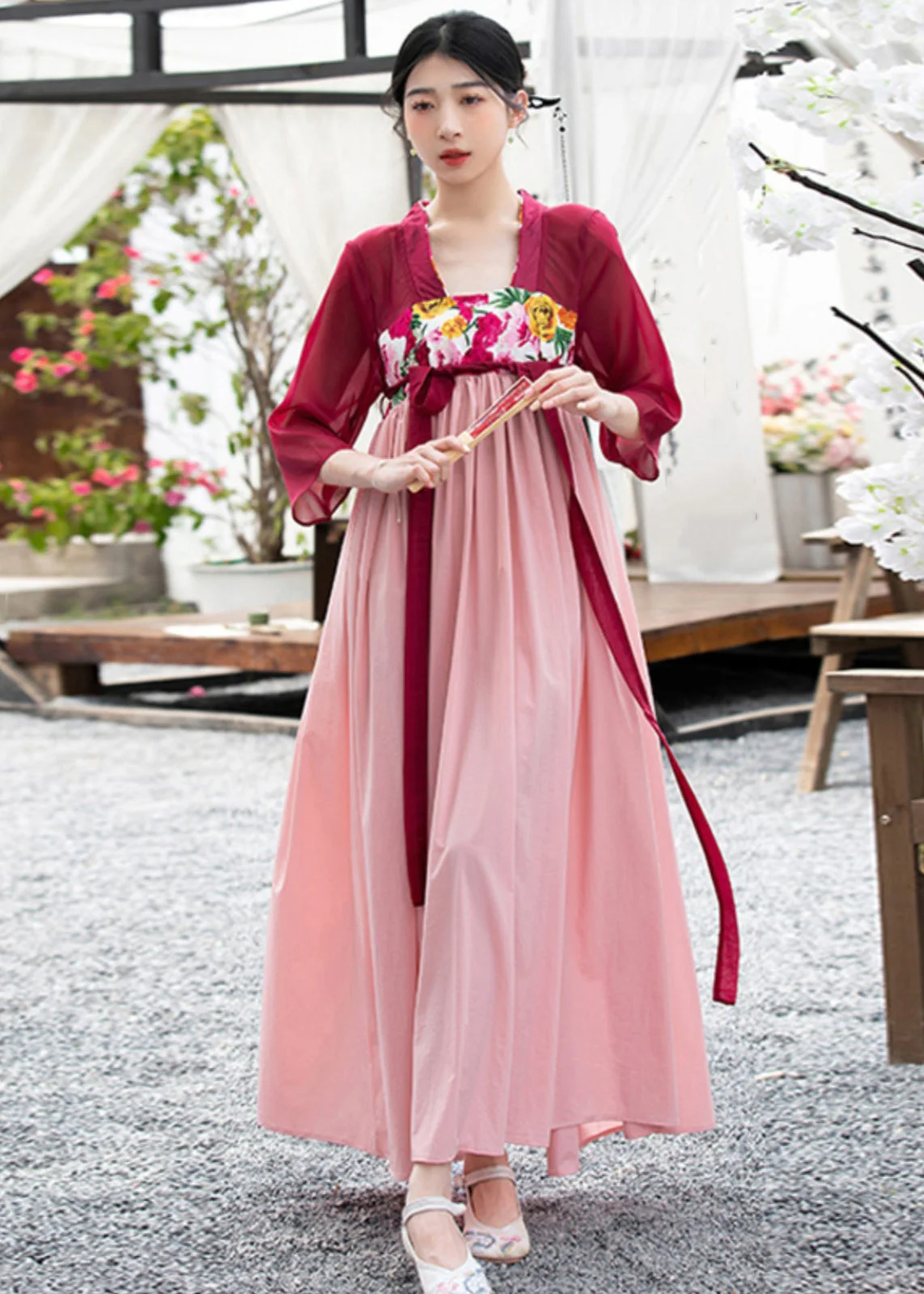 Women Red Embroideried Lace Up Wrinkled Patchwork Chiffon Long Dresses Summer - Image 2