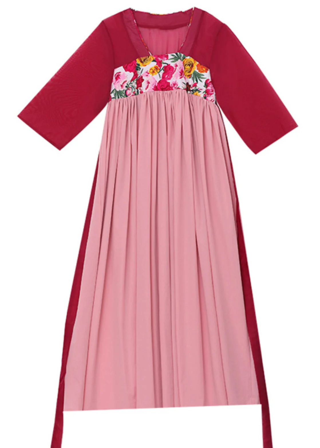 Women Red Embroideried Lace Up Wrinkled Patchwork Chiffon Long Dresses Summer - Image 5