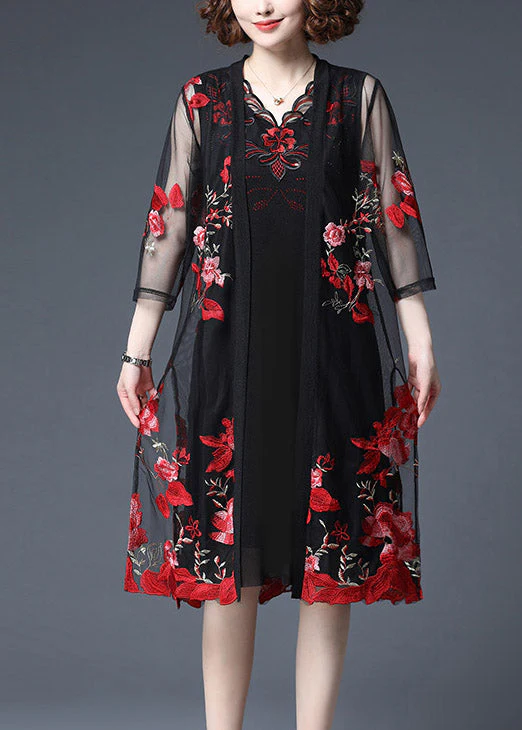 Women Red Floral Embroideried Tulle Cardigans And Tank Dress Two Piece Set Summer - Image 3