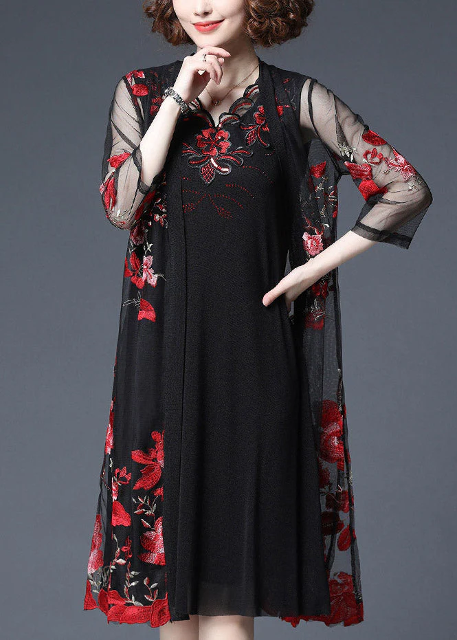 Women Red Floral Embroideried Tulle Cardigans And Tank Dress Two Piece Set Summer - Image 4
