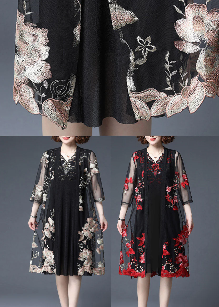 Women Red Floral Embroideried Tulle Cardigans And Tank Dress Two Piece Set Summer - Image 5